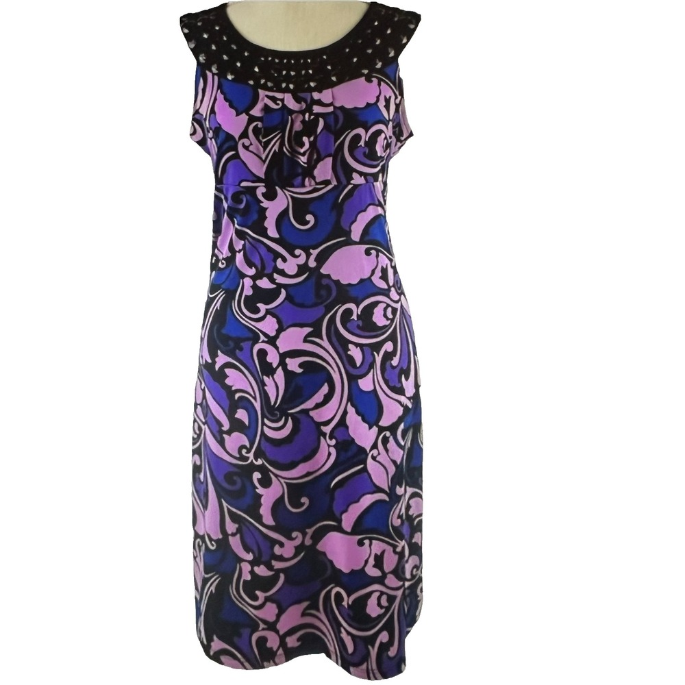 Style & Co. Dress Womens Small Black Pink Purple Sleeveless Beaded Neck Stretch